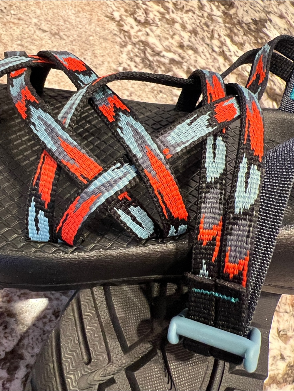 Chaco Black Sandals with Orange & Teal Patterned Straps - Picture 8 of 8